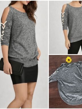 Express Gray Cold-Shoulder Knit Top with Lace-Up Sleeves